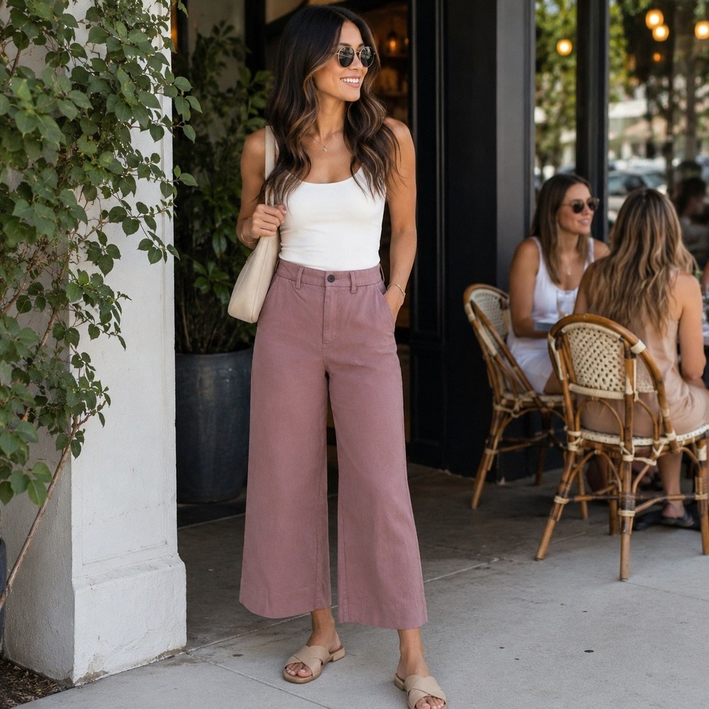 Frank And Oak Womens 6 Mauve Pink Wide Leg Cropped Pants Organic Cotton 210187